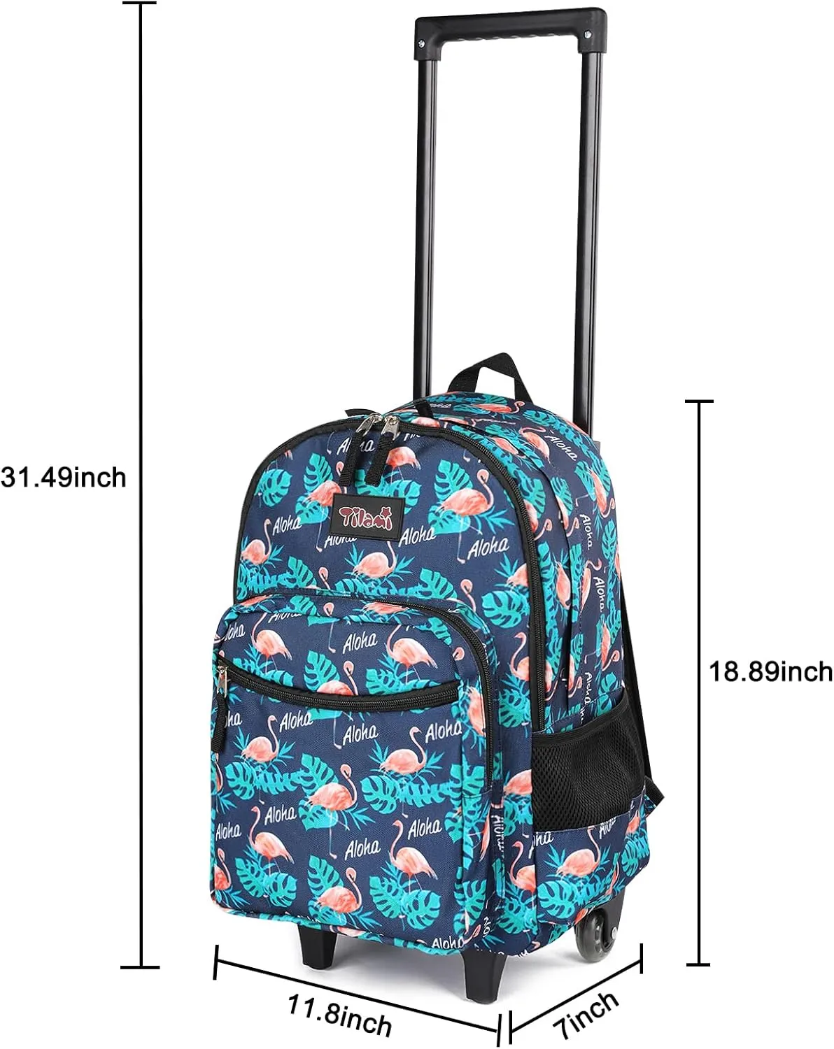 Tilami Rolling Backpack 18 inch Double Handle Wheeled Boys Girls Travel School Children Luggage Toddler Trip, Flamingo Black