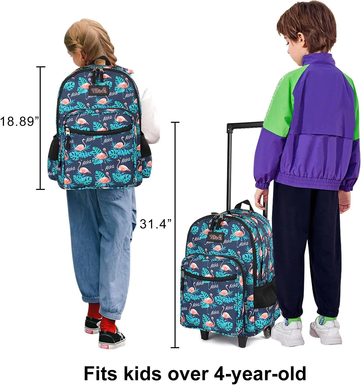 Tilami Rolling Backpack 18 inch Double Handle Wheeled Boys Girls Travel School Children Luggage Toddler Trip, Flamingo Black
