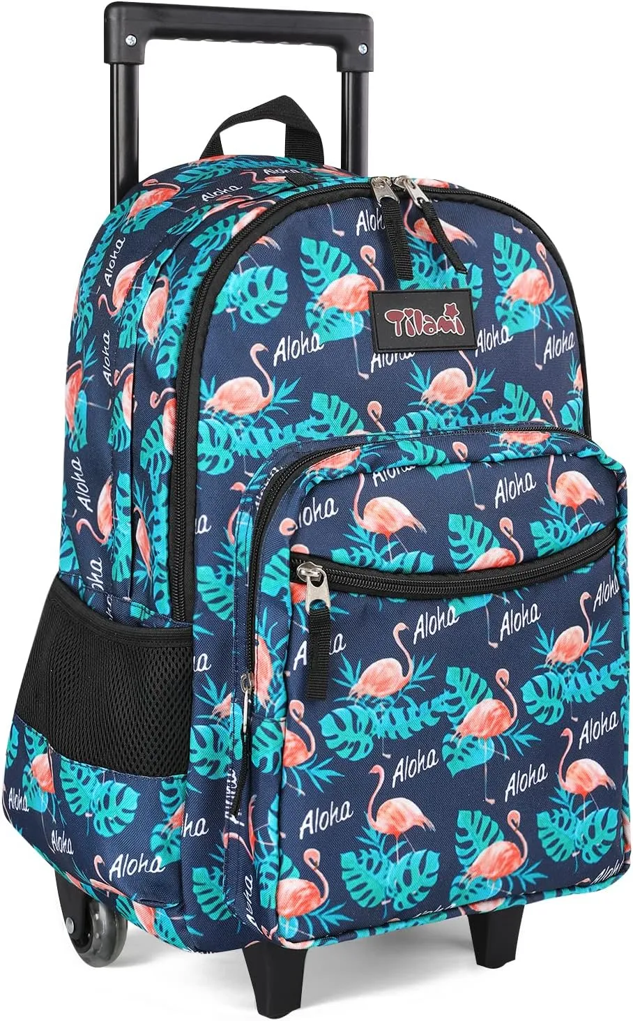Tilami Rolling Backpack 18 inch Double Handle Wheeled Boys Girls Travel School Children Luggage Toddler Trip, Flamingo Black