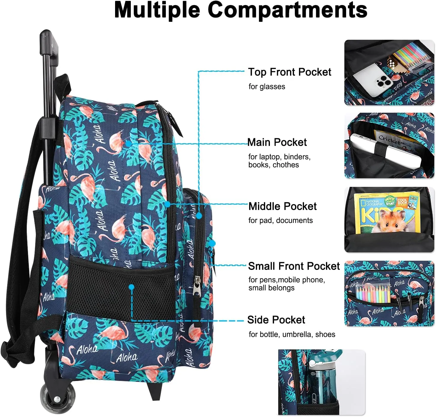 Tilami Rolling Backpack 18 inch Double Handle Wheeled Boys Girls Travel School Children Luggage Toddler Trip, Flamingo Black