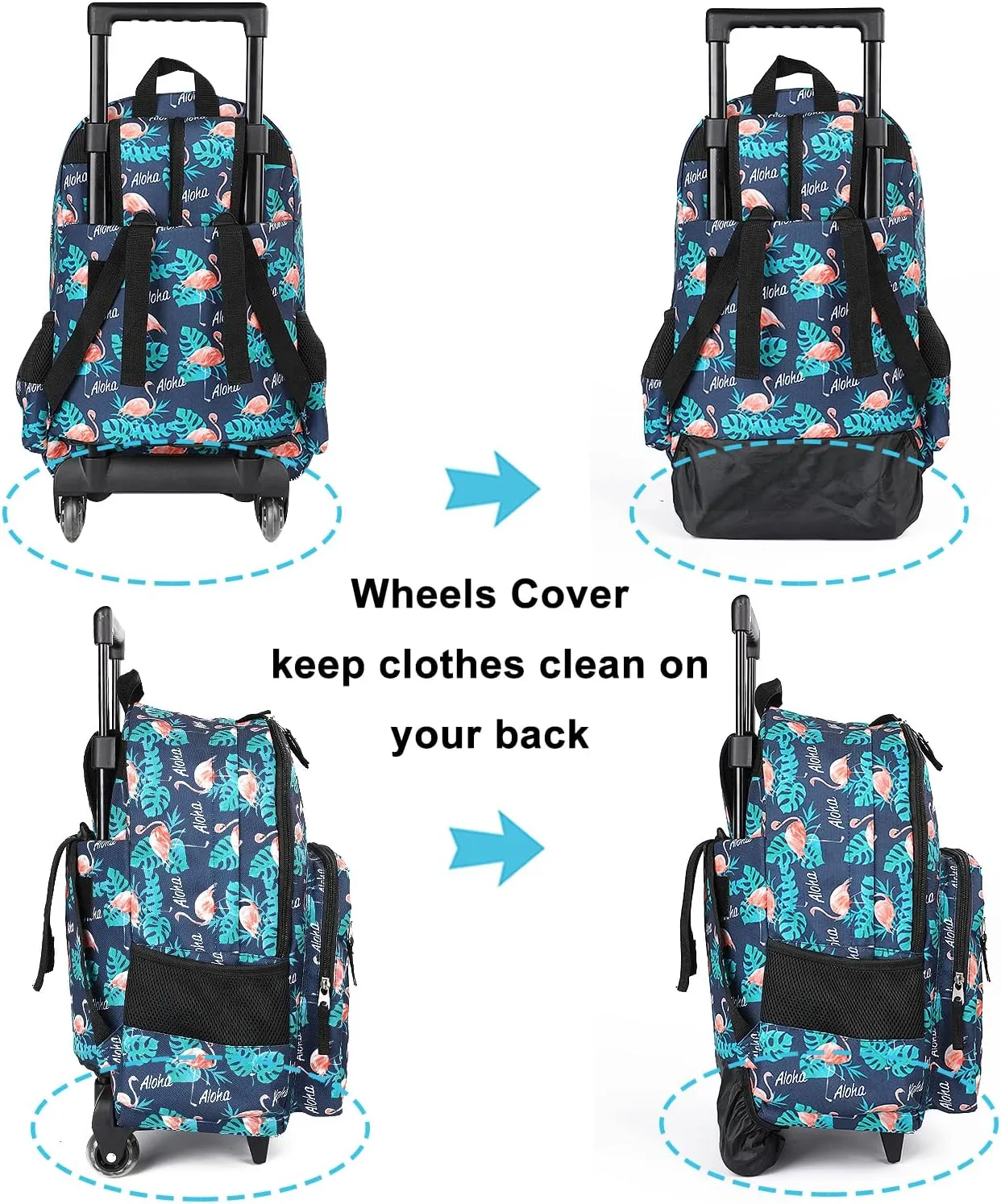 Tilami Rolling Backpack 18 inch Double Handle Wheeled Boys Girls Travel School Children Luggage Toddler Trip, Flamingo Black