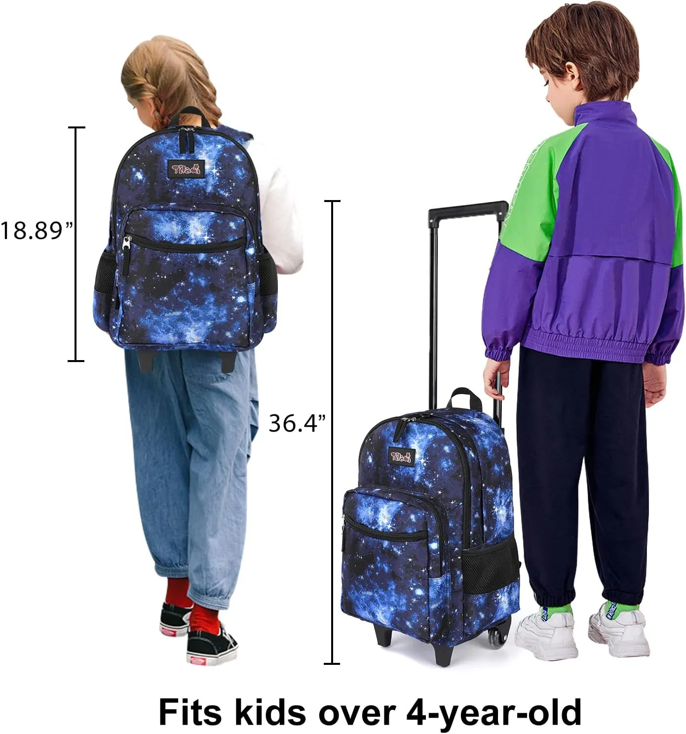 Tilami Rolling Backpack 18 inch Double Handle Wheeled Boys Girls Travel School Children Luggage Toddler Trip (Galaxy Blue)
