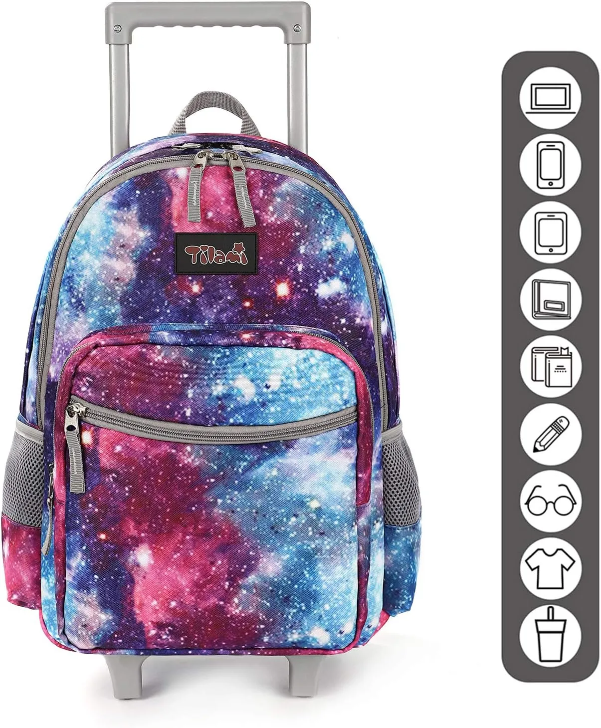 Tilami Rolling Backpack 18 inch Double Handle Wheeled Boys Girls Travel School Children Luggage Toddler Trip, Galaxy