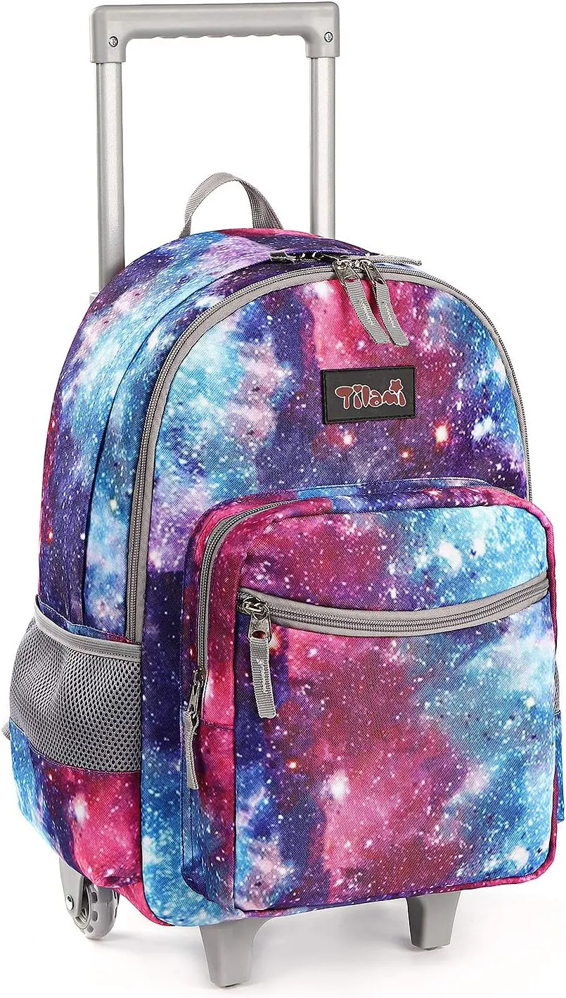 Tilami Rolling Backpack 18 inch Double Handle Wheeled Boys Girls Travel School Children Luggage Toddler Trip, Galaxy