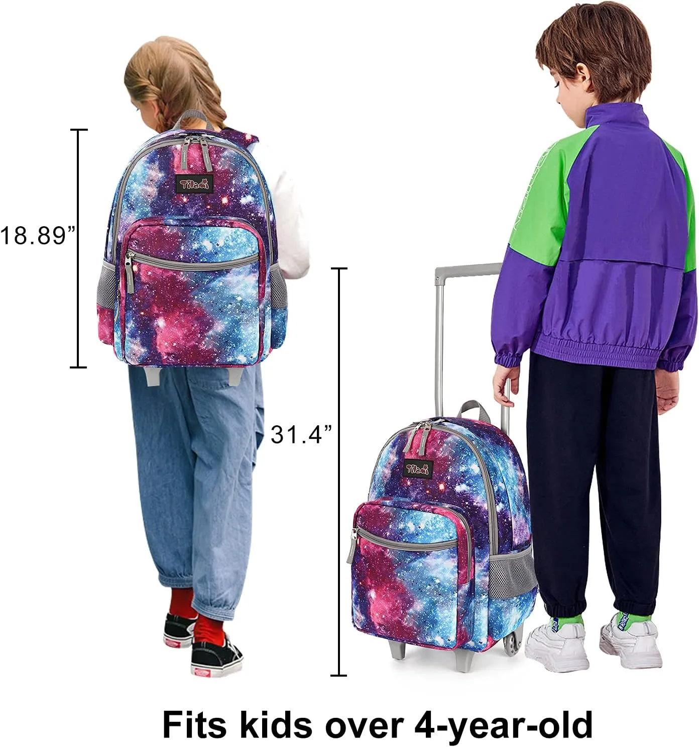 Tilami Rolling Backpack 18 inch Double Handle Wheeled Boys Girls Travel School Children Luggage Toddler Trip, Galaxy