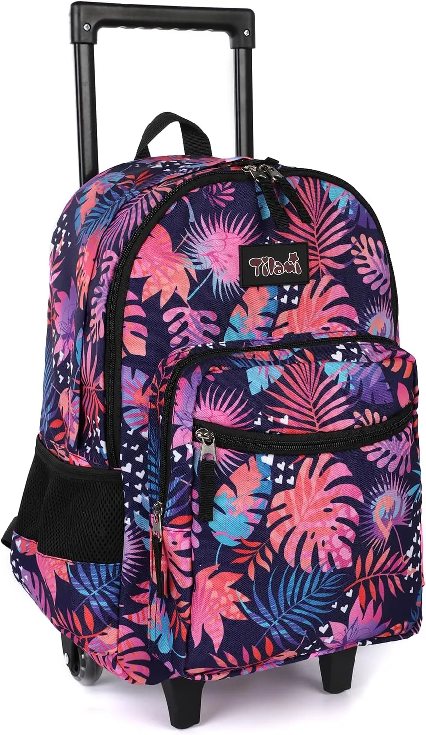 Tilami Rolling Backpack 18 inch Double Handle Wheeled Boys Girls Travel School Children Luggage Toddler Trip, Leaves Pink