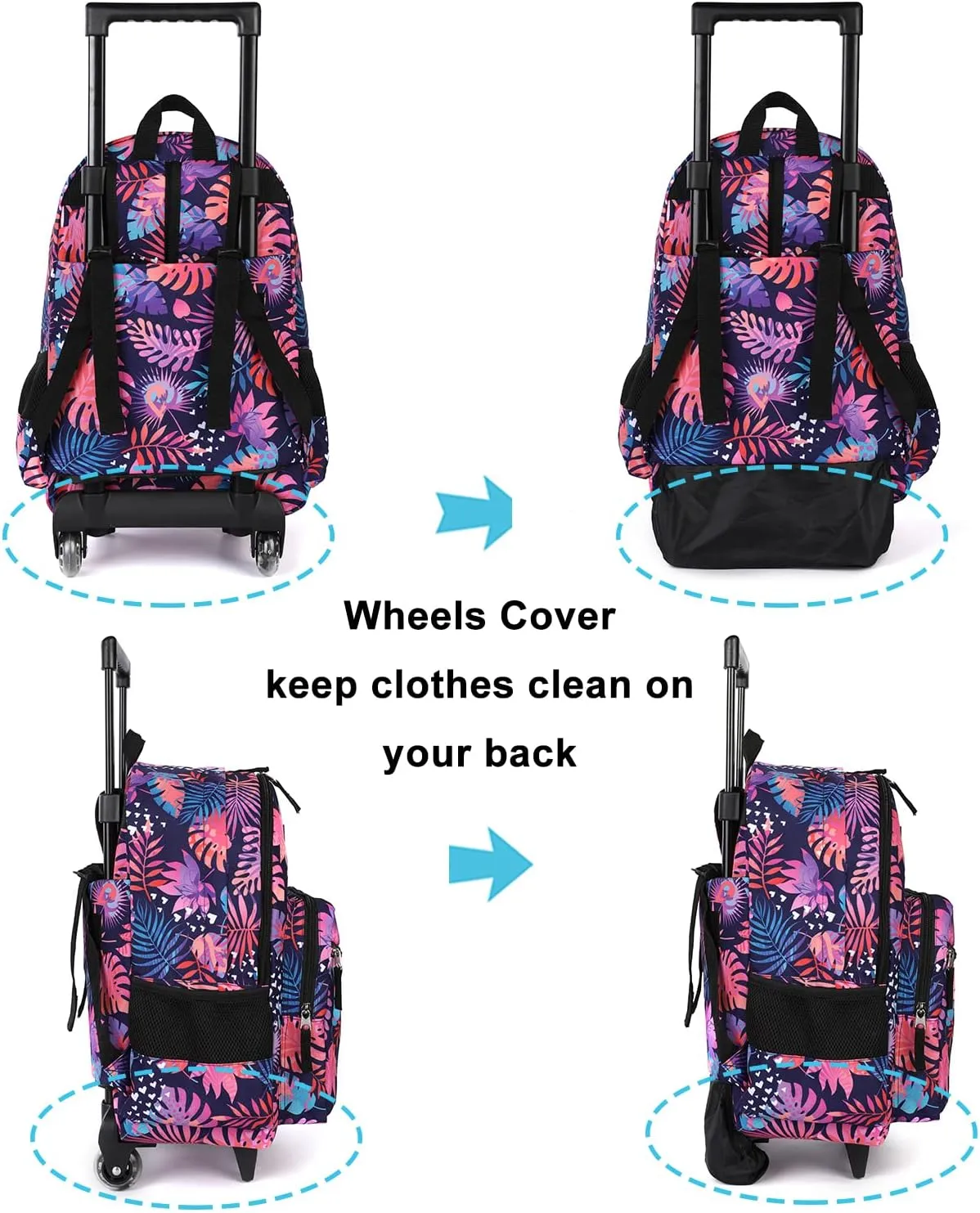 Tilami Rolling Backpack 18 inch Double Handle Wheeled Boys Girls Travel School Children Luggage Toddler Trip, Leaves Pink
