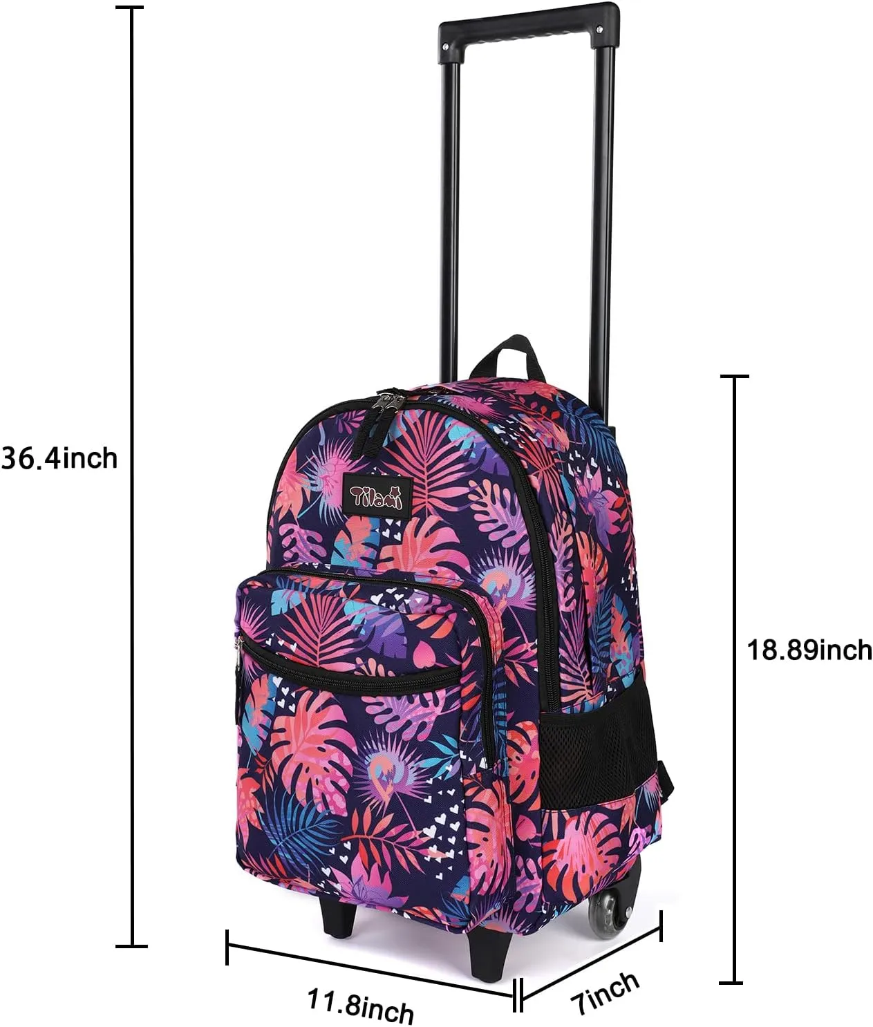 Tilami Rolling Backpack 18 inch Double Handle Wheeled Boys Girls Travel School Children Luggage Toddler Trip, Leaves Pink