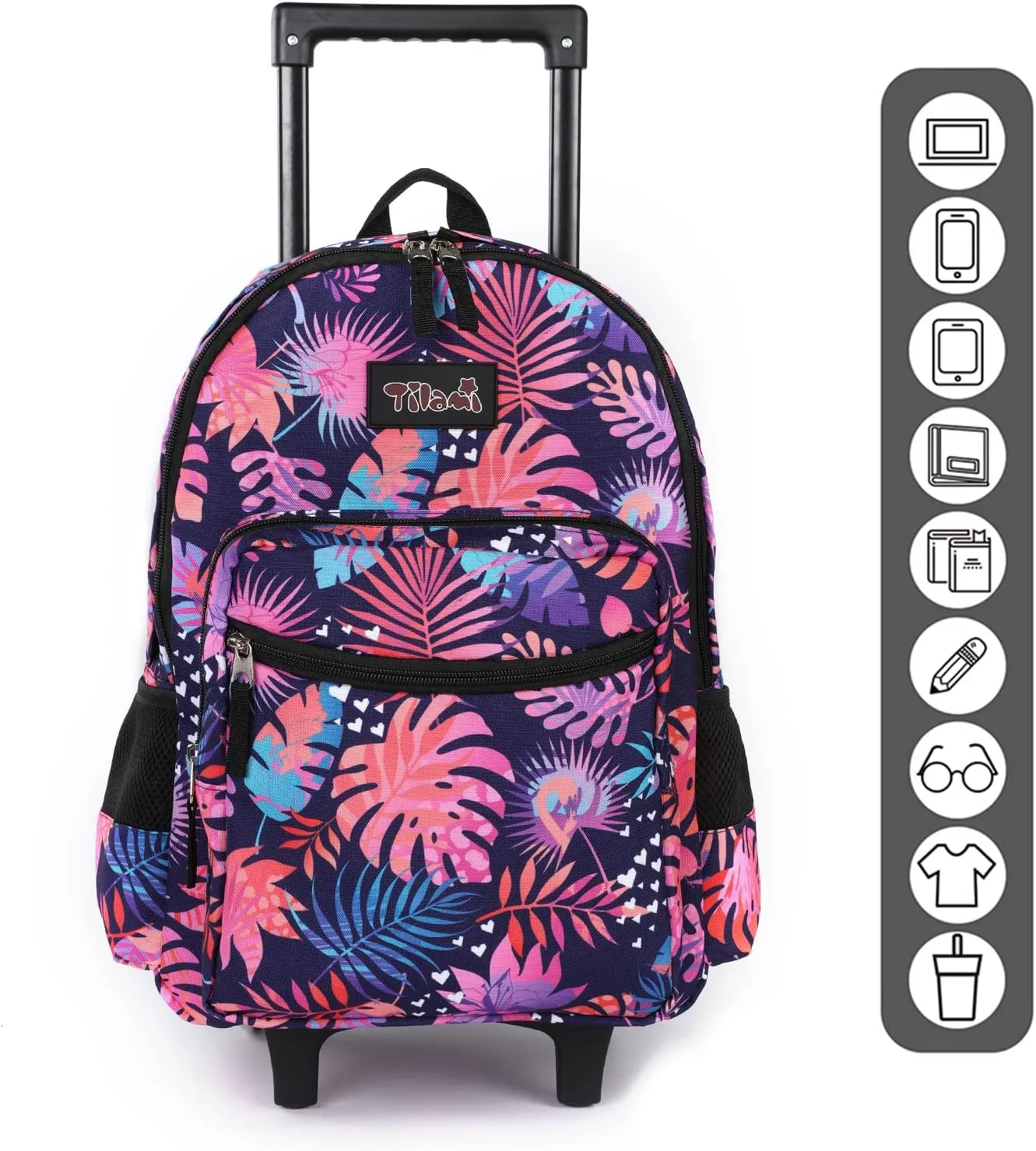 Tilami Rolling Backpack 18 inch Double Handle Wheeled Boys Girls Travel School Children Luggage Toddler Trip, Leaves Pink