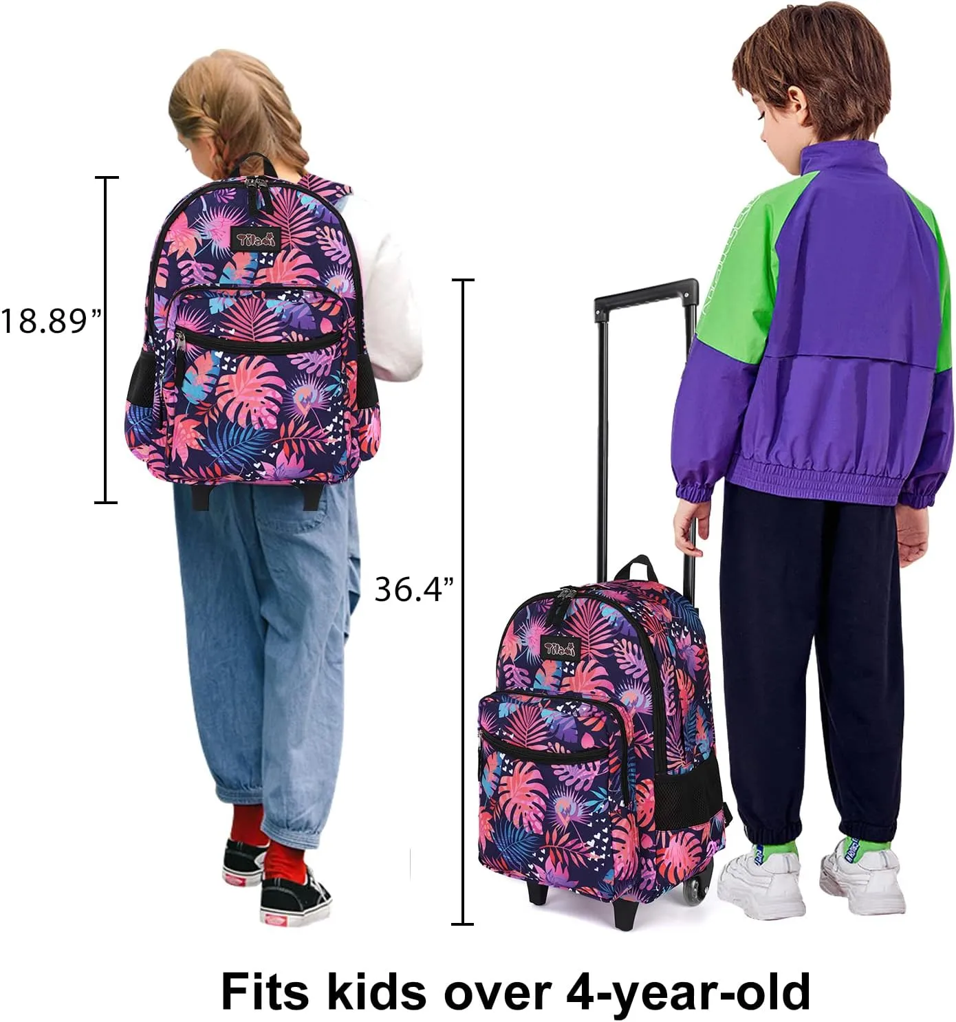 Tilami Rolling Backpack 18 inch Double Handle Wheeled Boys Girls Travel School Children Luggage Toddler Trip, Leaves Pink