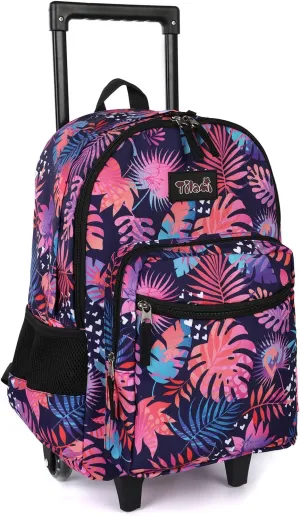 Tilami Rolling Backpack 18 inch Double Handle Wheeled Boys Girls Travel School Children Luggage Toddler Trip, Leaves Pink