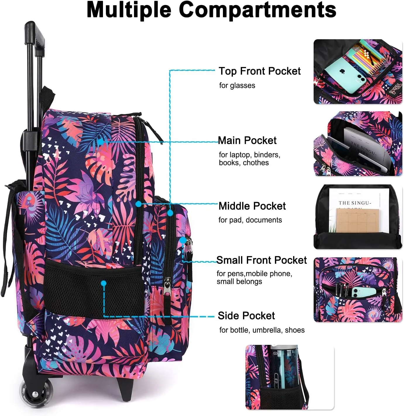 Tilami Rolling Backpack 18 inch Double Handle Wheeled Boys Girls Travel School Children Luggage Toddler Trip, Leaves Pink