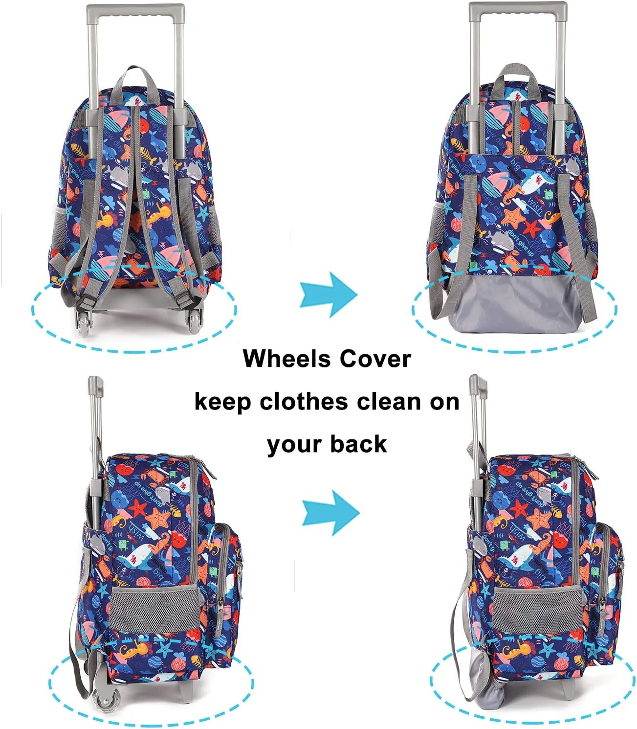 Tilami Rolling Backpack 18 inch Double Handle Wheeled Boys Girls Travel School Children Luggage Toddler Trip, Shark