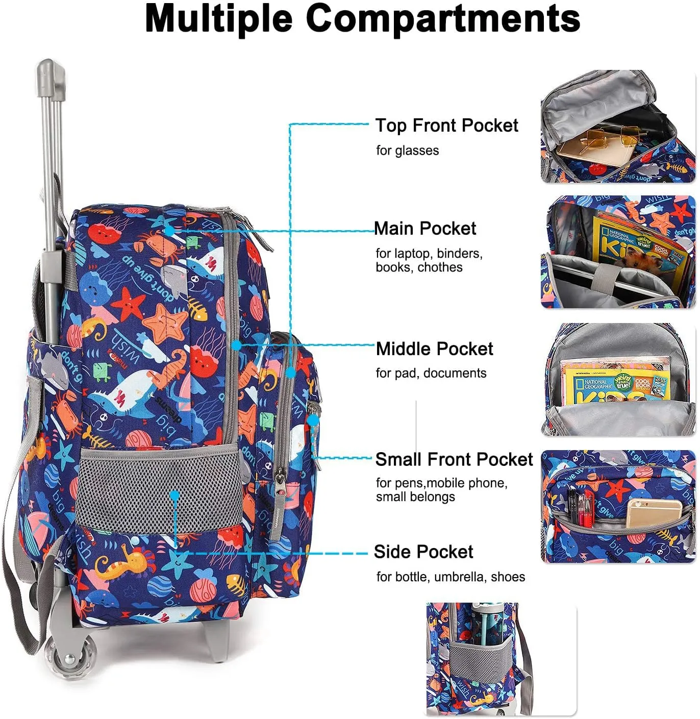 Tilami Rolling Backpack 18 inch Double Handle Wheeled Boys Girls Travel School Children Luggage Toddler Trip, Shark