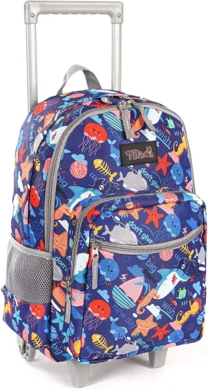 Tilami Rolling Backpack 18 inch Double Handle Wheeled Boys Girls Travel School Children Luggage Toddler Trip, Shark