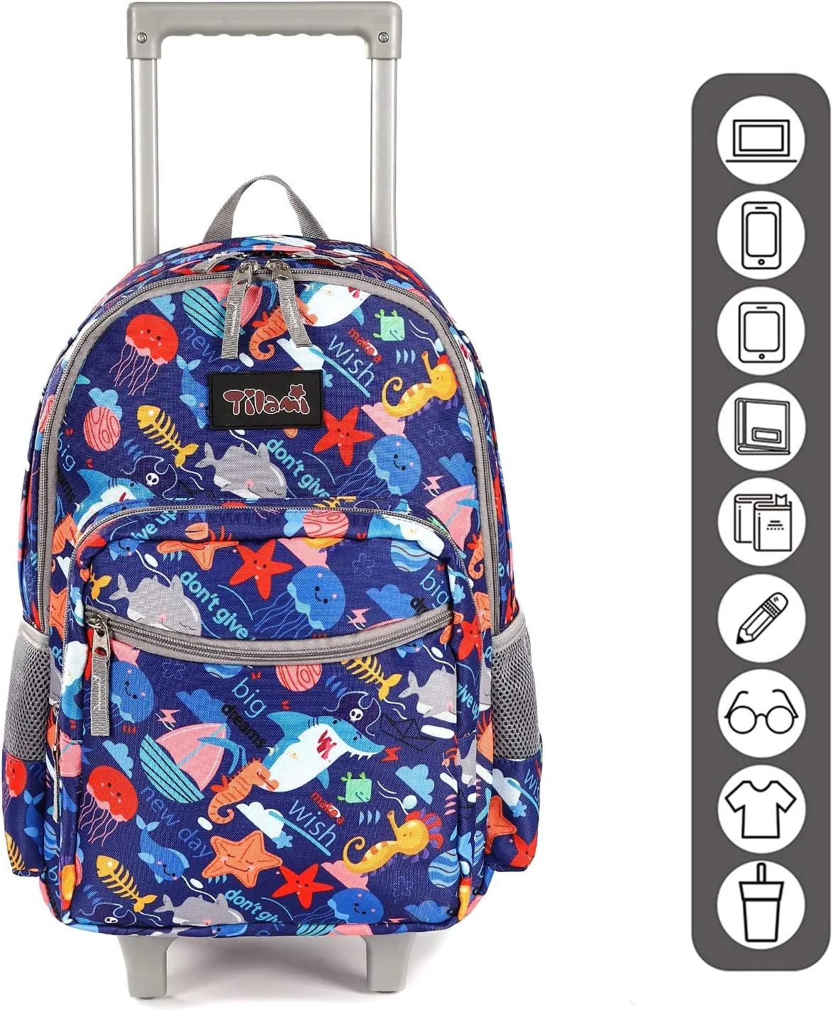 Tilami Rolling Backpack 18 inch Double Handle Wheeled Boys Girls Travel School Children Luggage Toddler Trip, Shark