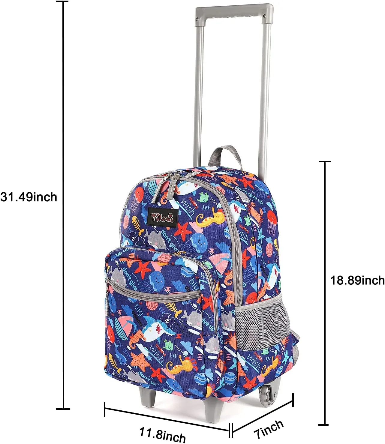 Tilami Rolling Backpack 18 inch Double Handle Wheeled Boys Girls Travel School Children Luggage Toddler Trip, Shark