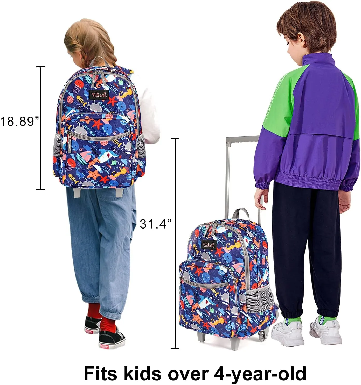 Tilami Rolling Backpack 18 inch Double Handle Wheeled Boys Girls Travel School Children Luggage Toddler Trip, Shark