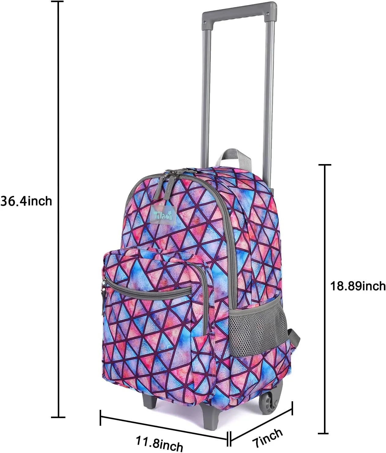 Tilami Rolling Backpack 18 inch Double Handle Wheeled Boys Girls Travel School Children Luggage Toddler Trip, Triangle Pink