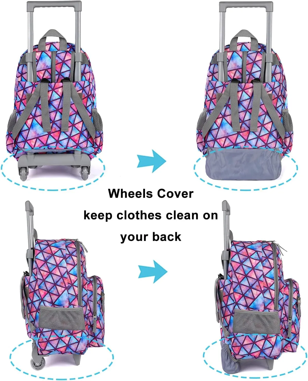 Tilami Rolling Backpack 18 inch Double Handle Wheeled Boys Girls Travel School Children Luggage Toddler Trip, Triangle Pink