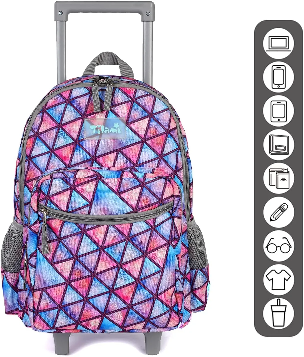Tilami Rolling Backpack 18 inch Double Handle Wheeled Boys Girls Travel School Children Luggage Toddler Trip, Triangle Pink