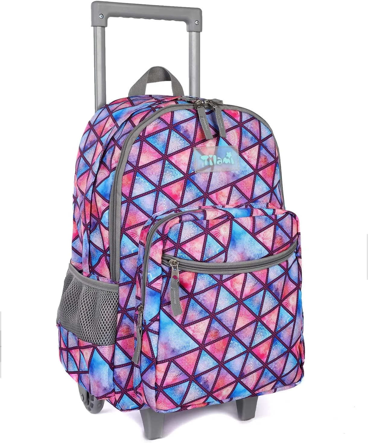 Tilami Rolling Backpack 18 inch Double Handle Wheeled Boys Girls Travel School Children Luggage Toddler Trip, Triangle Pink