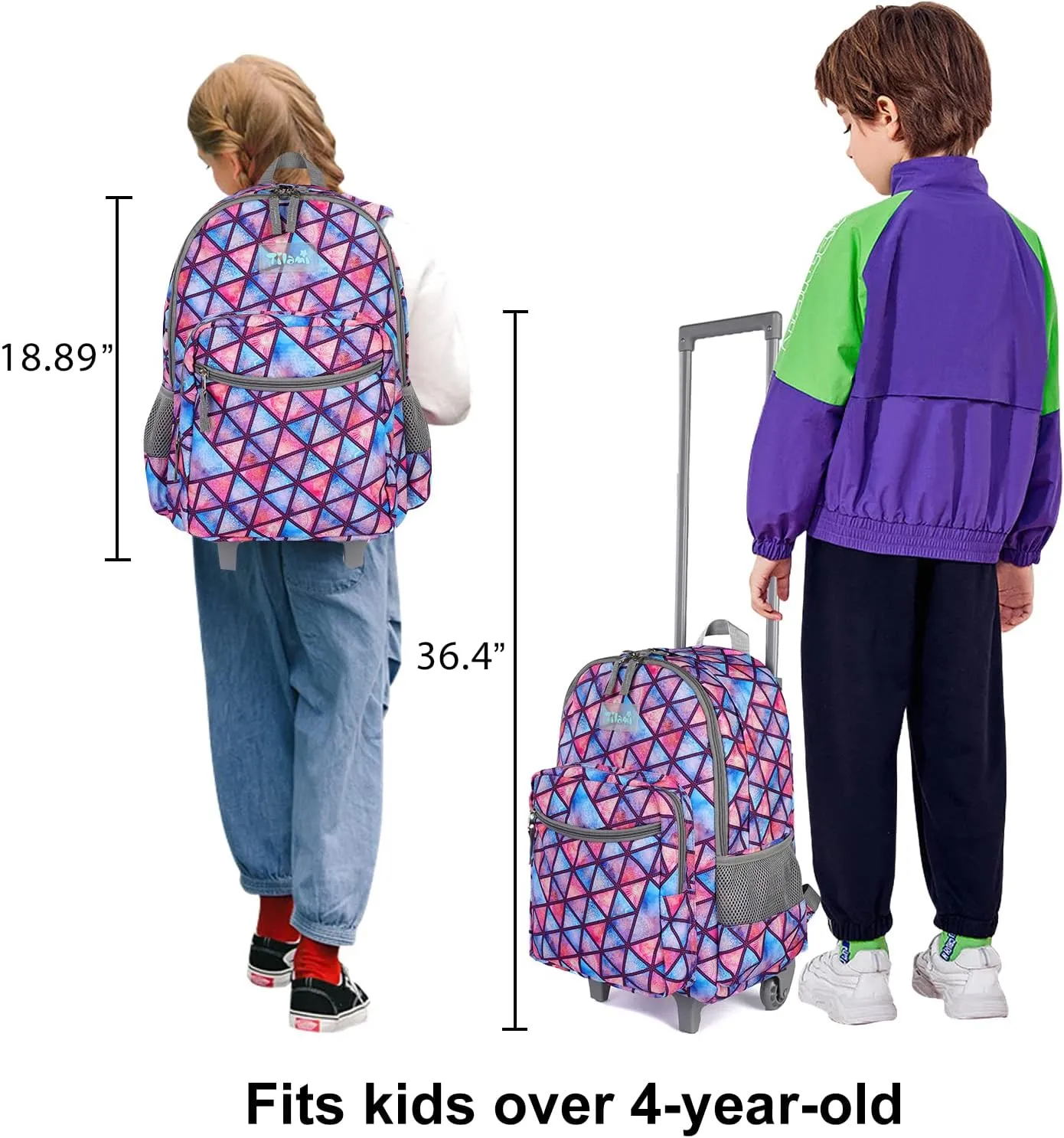 Tilami Rolling Backpack 18 inch Double Handle Wheeled Boys Girls Travel School Children Luggage Toddler Trip, Triangle Pink