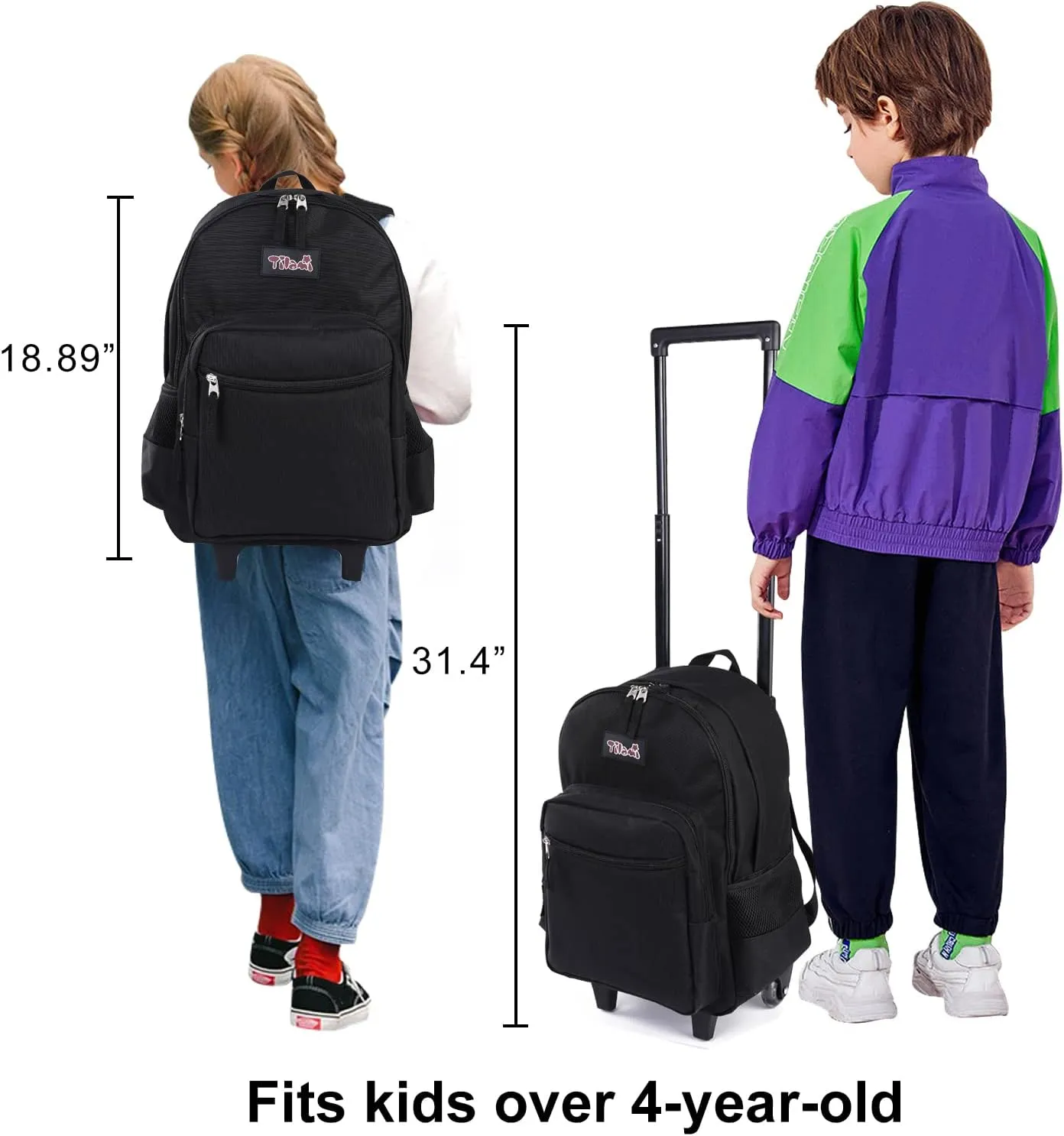 Tilami Rolling Backpack 18 inch Double Handle Wheeled Laptop Boys Girls Travel School Children Luggage Toddler Trip, Black