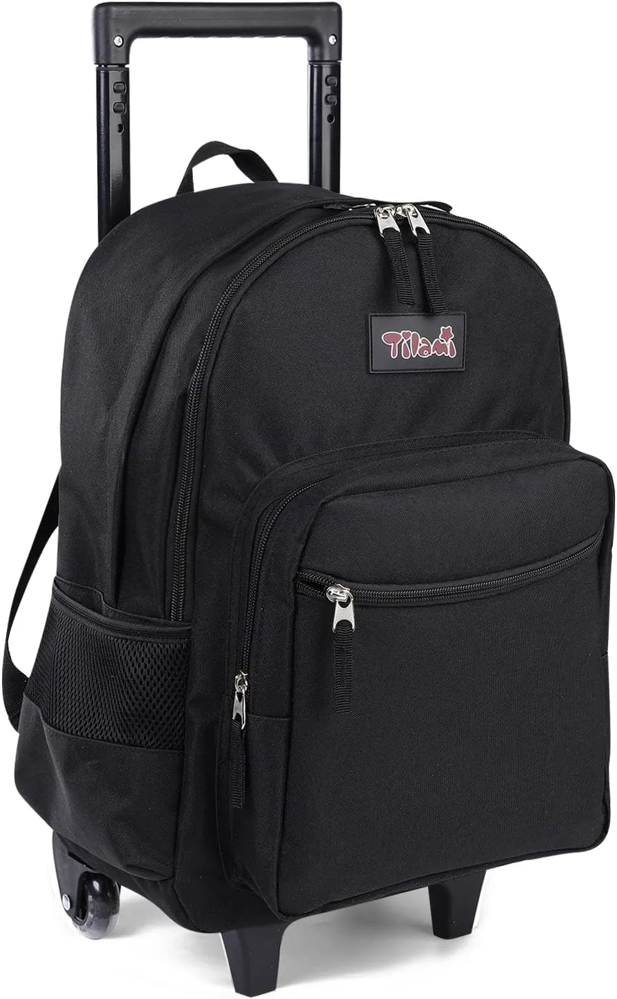 Tilami Rolling Backpack 18 inch Double Handle Wheeled Laptop Boys Girls Travel School Children Luggage Toddler Trip, Black