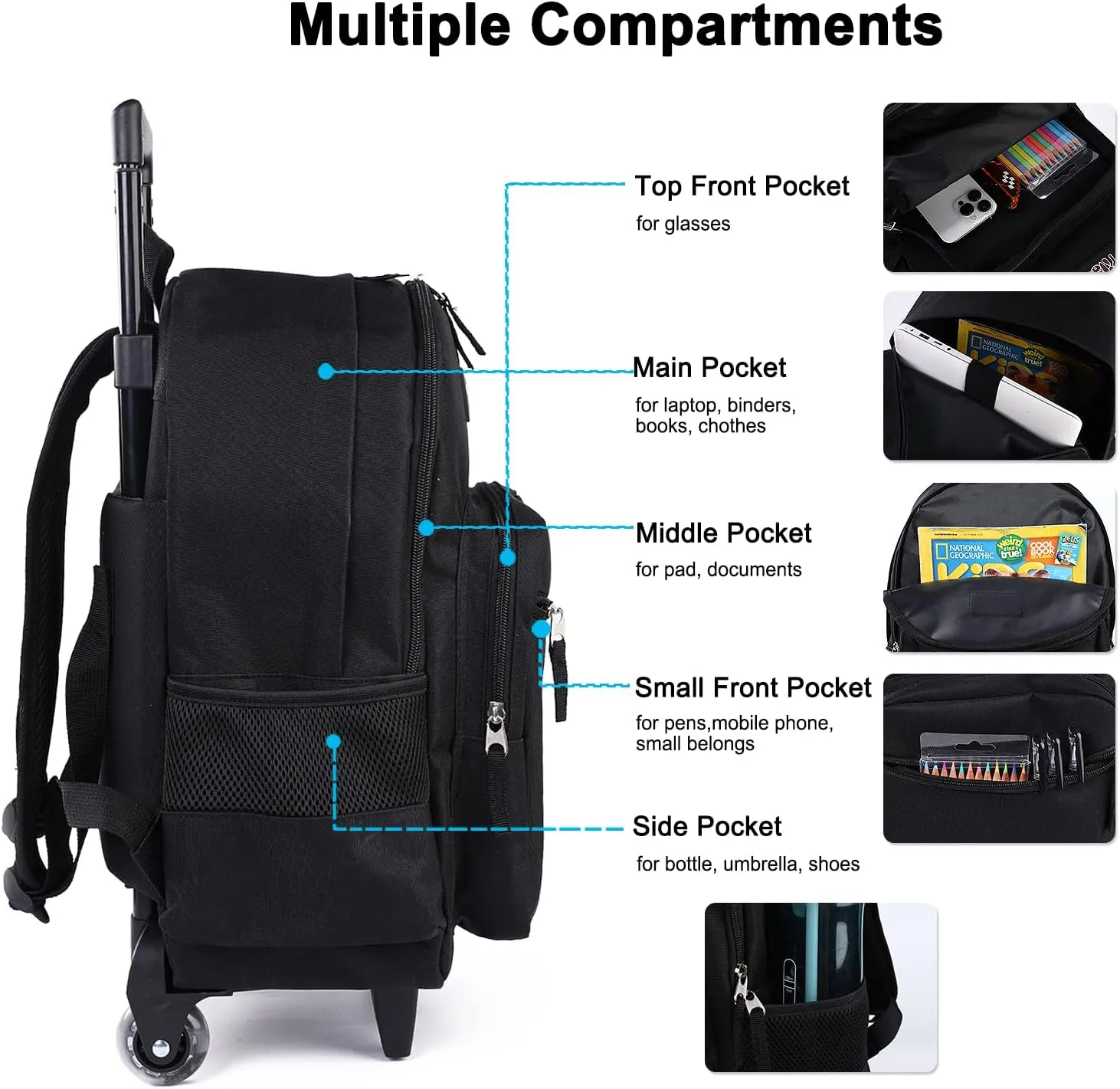 Tilami Rolling Backpack 18 inch Double Handle Wheeled Laptop Boys Girls Travel School Children Luggage Toddler Trip, Black