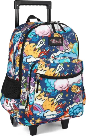 Tilami Rolling Backpack 18 inch Double Handle Wheeled Laptop Boys Girls Travel School Children Luggage Toddler Trip, Cartoon Black