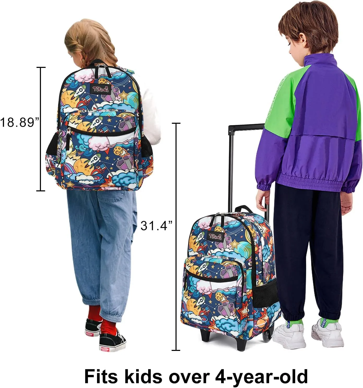 Tilami Rolling Backpack 18 inch Double Handle Wheeled Laptop Boys Girls Travel School Children Luggage Toddler Trip, Cartoon Black