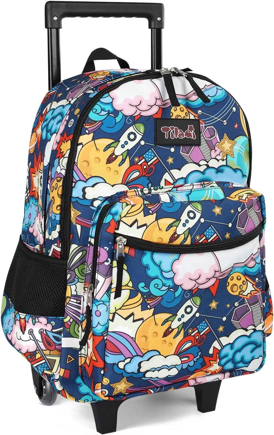Tilami Rolling Backpack 18 inch Double Handle Wheeled Laptop Boys Girls Travel School Children Luggage Toddler Trip, Cartoon Black