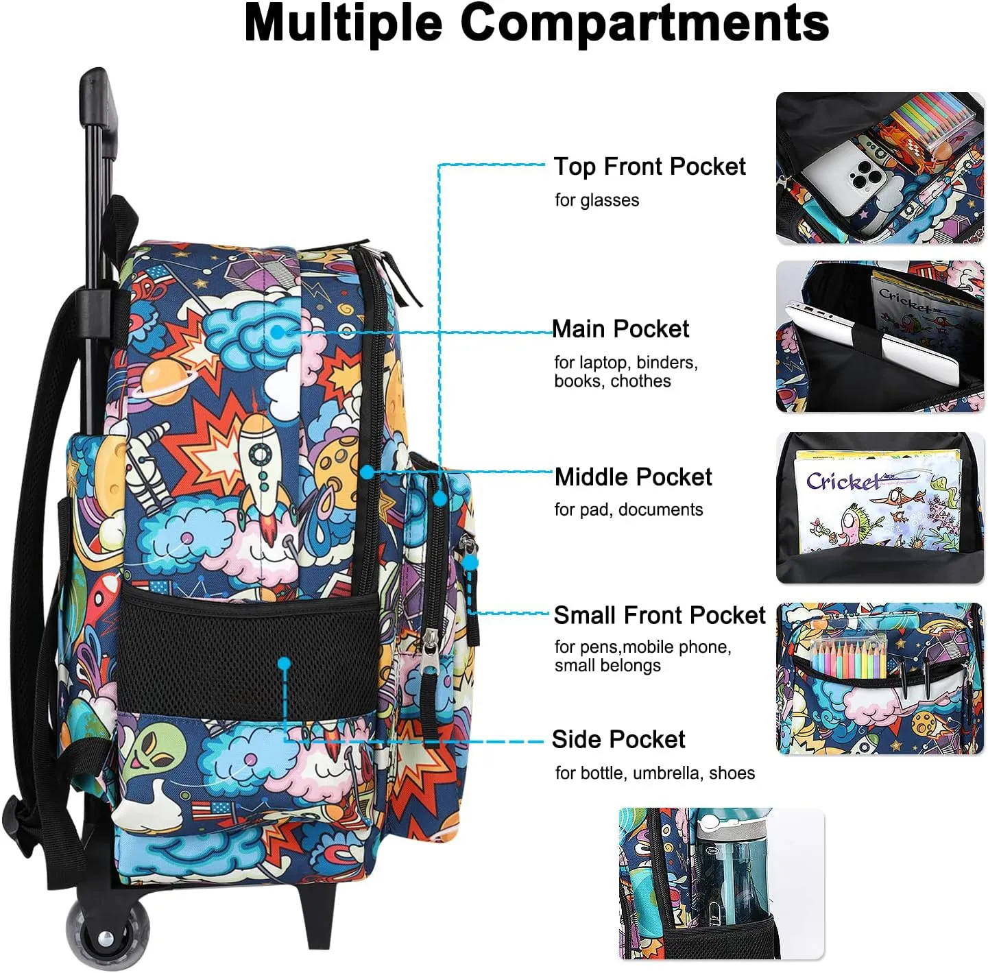 Tilami Rolling Backpack 18 inch Double Handle Wheeled Laptop Boys Girls Travel School Children Luggage Toddler Trip, Cartoon Black