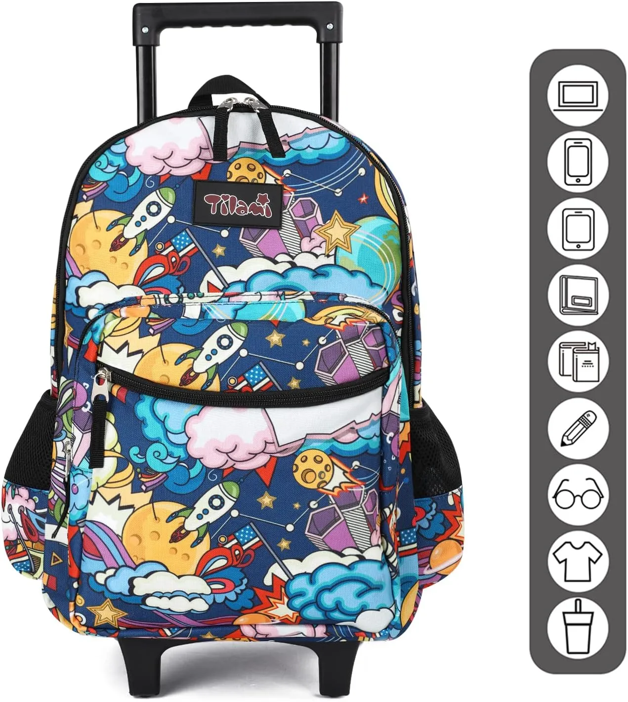 Tilami Rolling Backpack 18 inch Double Handle Wheeled Laptop Boys Girls Travel School Children Luggage Toddler Trip, Cartoon Black