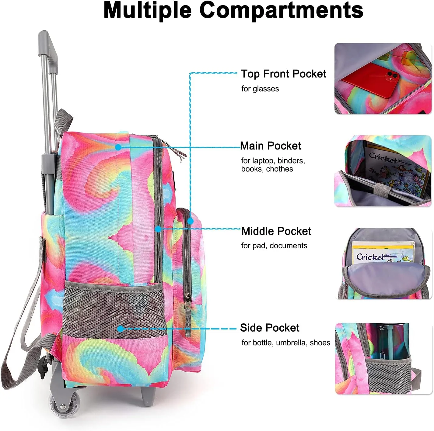 Tilami Rolling Backpack 18 inch Double Handle Wheeled Laptop Boys Girls Travel School Children Luggage Toddler Trip (Starlight)
