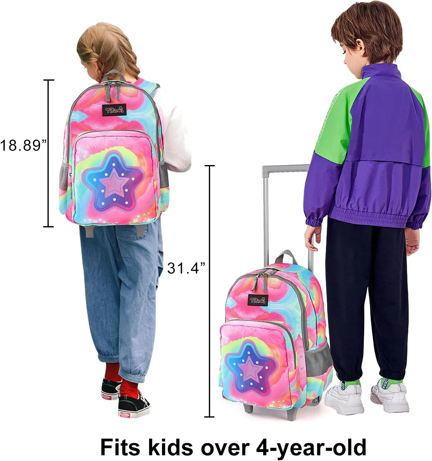 Tilami Rolling Backpack 18 inch Double Handle Wheeled Laptop Boys Girls Travel School Children Luggage Toddler Trip (Starlight)