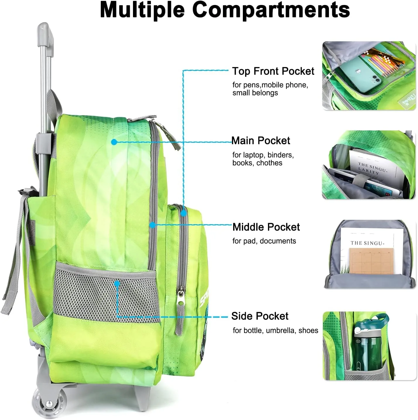 Tilami Rolling Backpack 18 inch Double Handle with Lunch Bag Wheeled Kids Backpack, Car Green