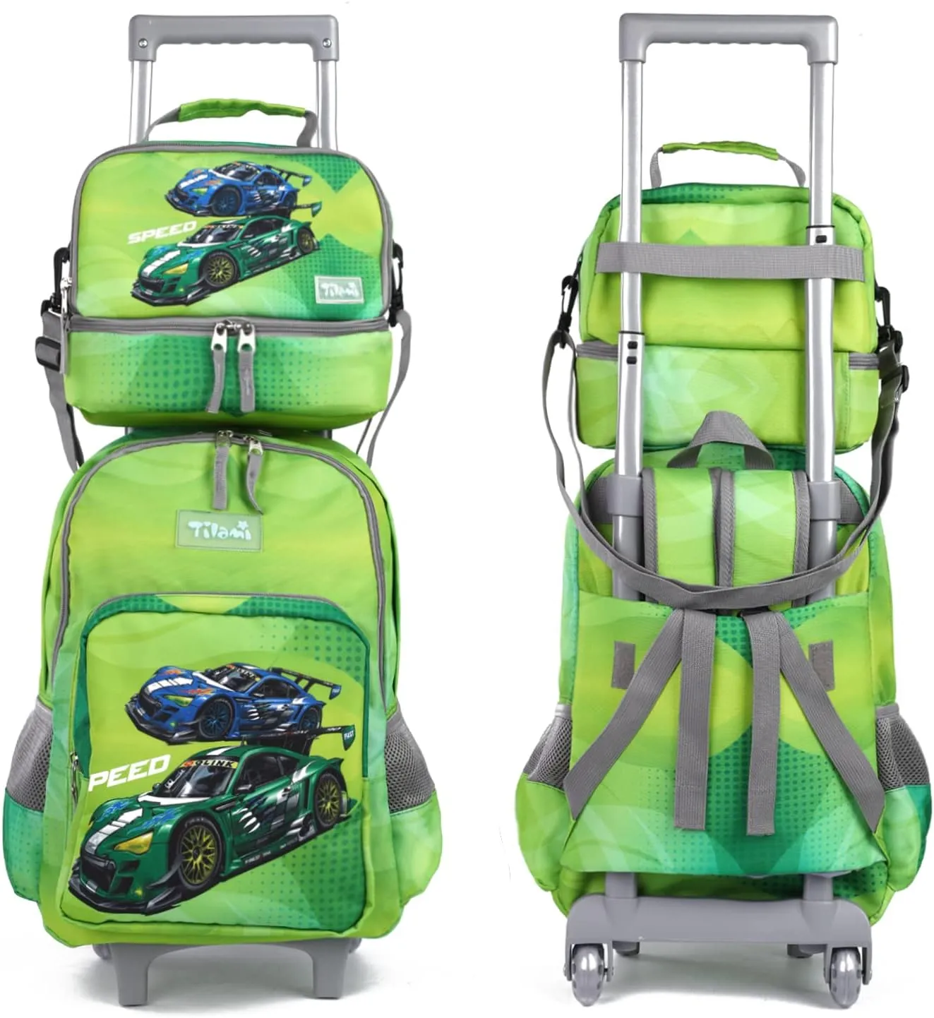 Tilami Rolling Backpack 18 inch Double Handle with Lunch Bag Wheeled Kids Backpack, Car Green