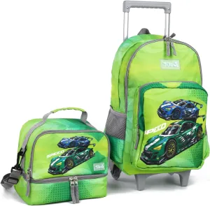 Tilami Rolling Backpack 18 inch Double Handle with Lunch Bag Wheeled Kids Backpack, Car Green
