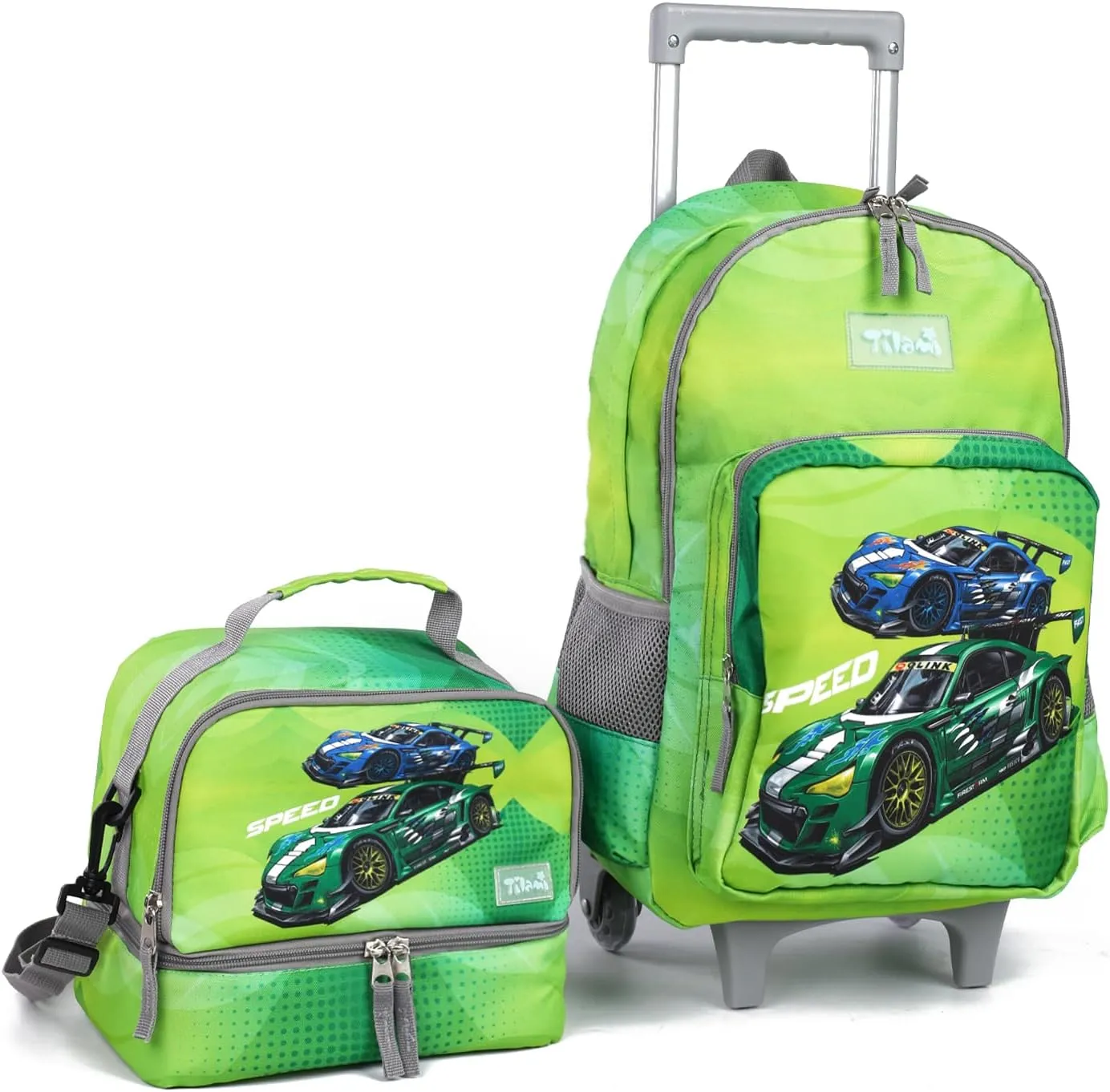 Tilami Rolling Backpack 18 inch Double Handle with Lunch Bag Wheeled Kids Backpack, Car Green