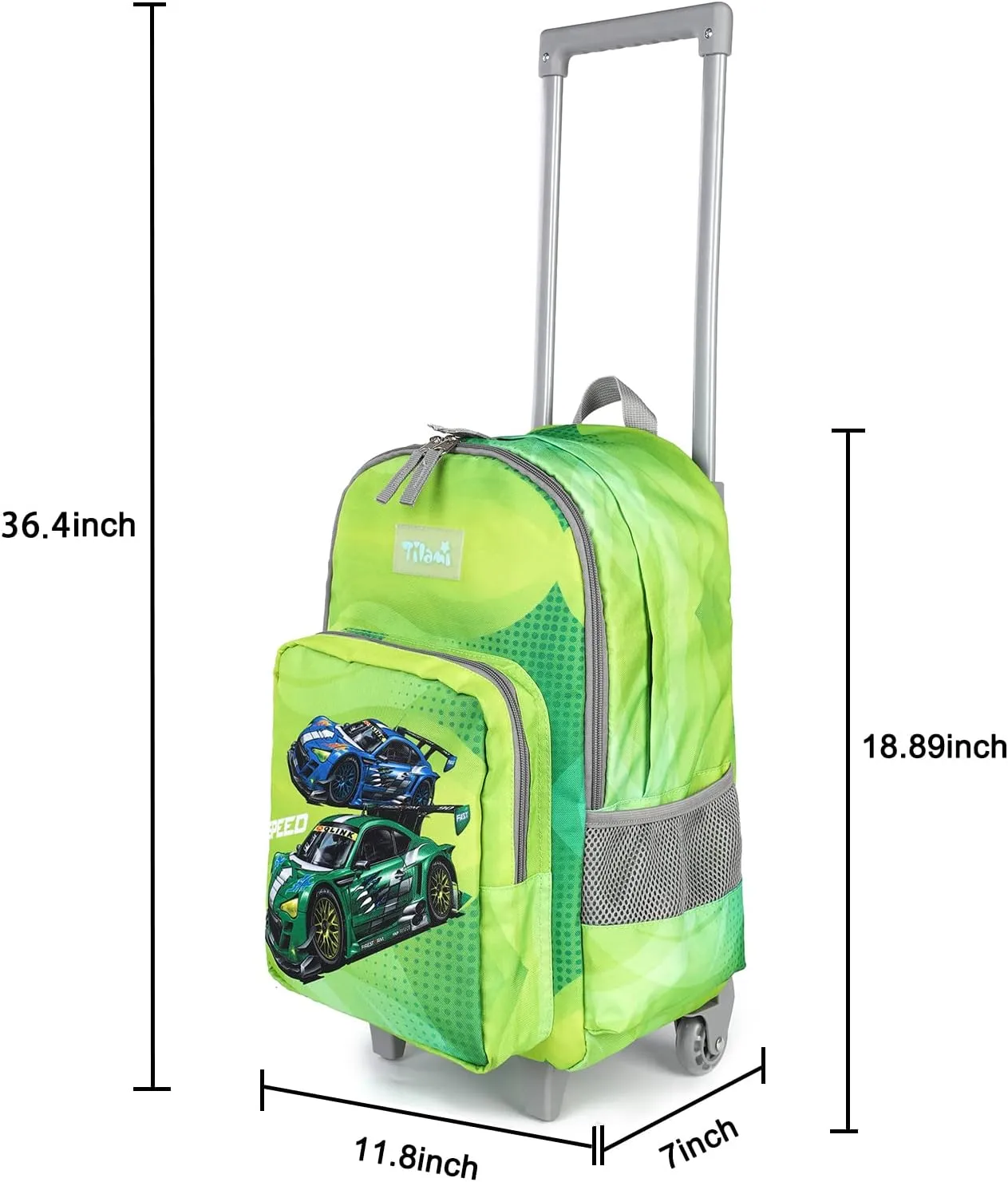 Tilami Rolling Backpack 18 inch Double Handle with Lunch Bag Wheeled Kids Backpack, Car Green