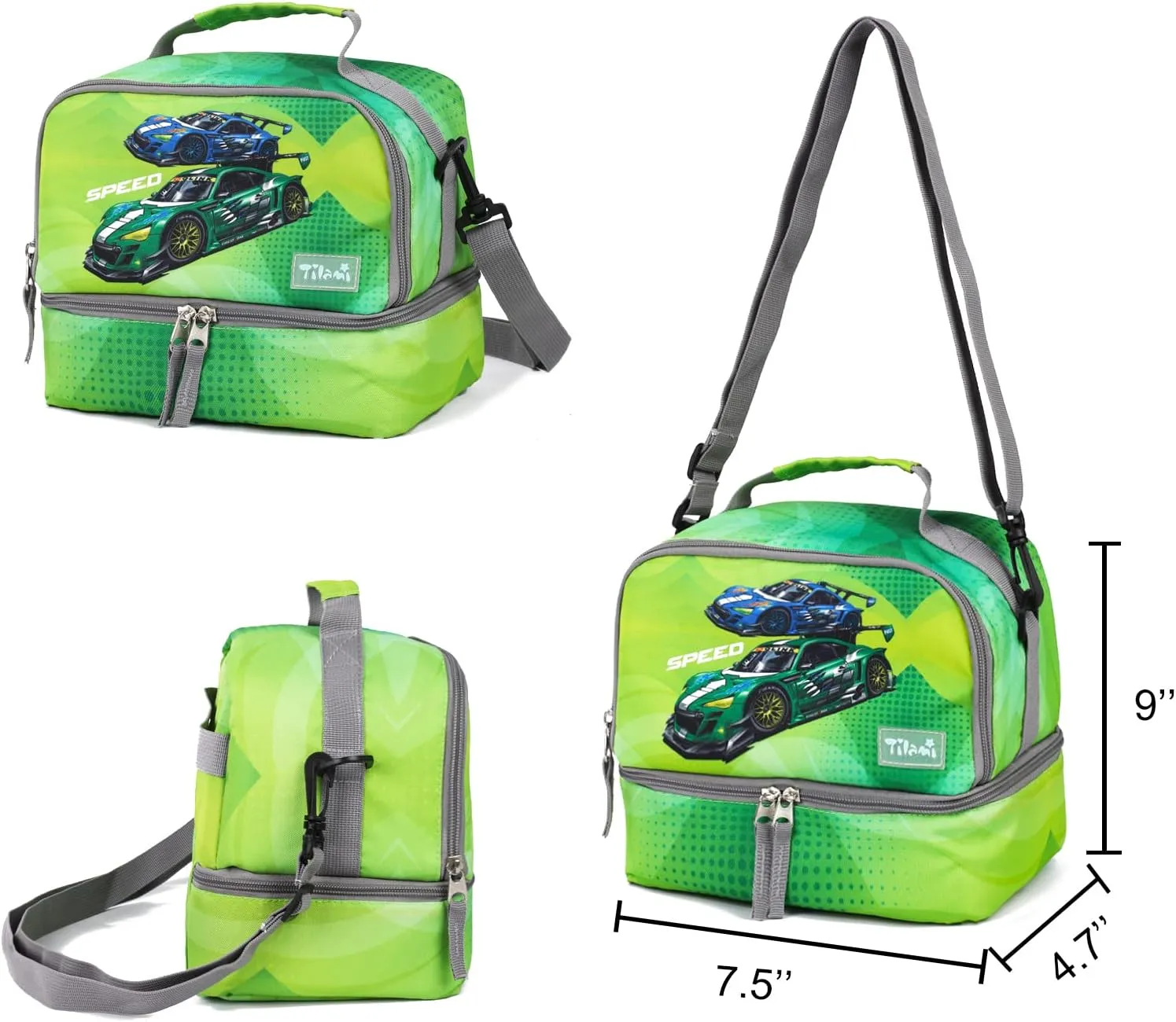 Tilami Rolling Backpack 18 inch Double Handle with Lunch Bag Wheeled Kids Backpack, Car Green
