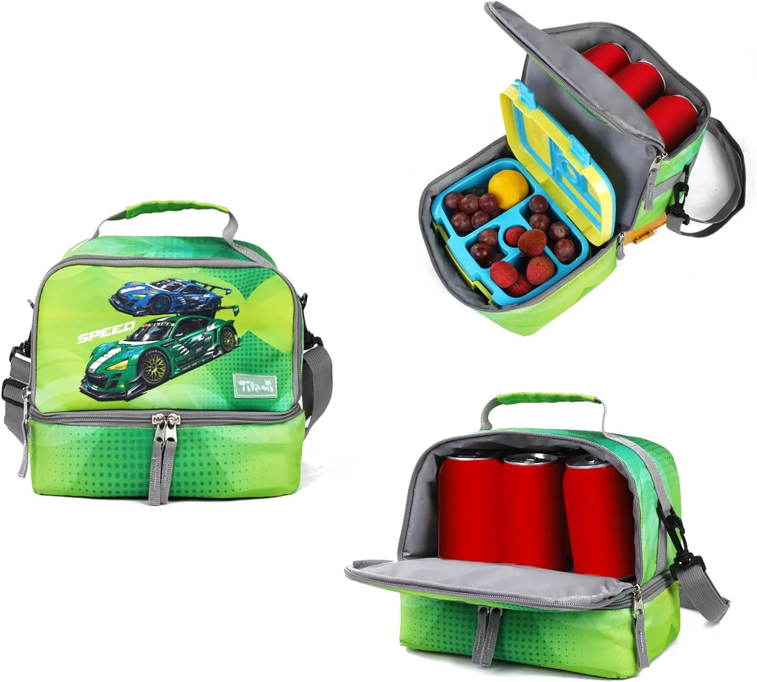 Tilami Rolling Backpack 18 inch Double Handle with Lunch Bag Wheeled Kids Backpack, Car Green