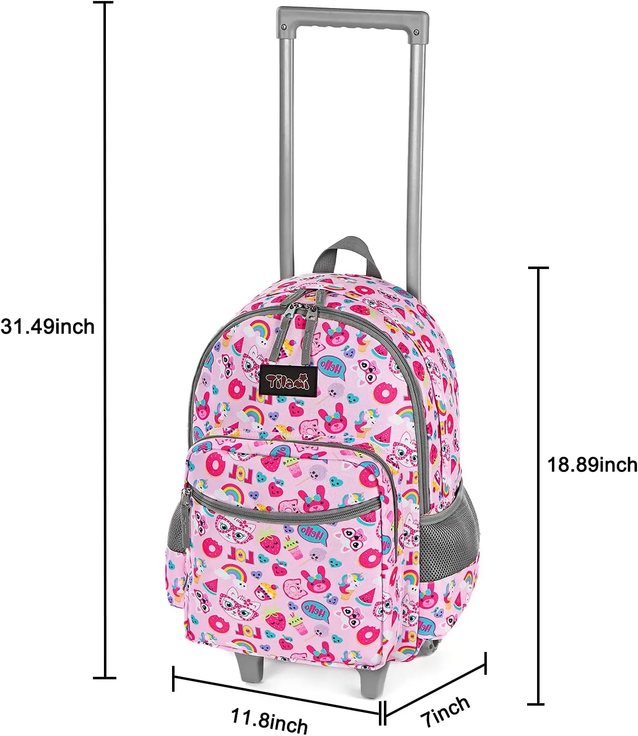 Tilami Rolling Backpack 18 inch Double Handle with Lunch Bag Wheeled Kids Backpack for Girls and Boys, Pink Cat