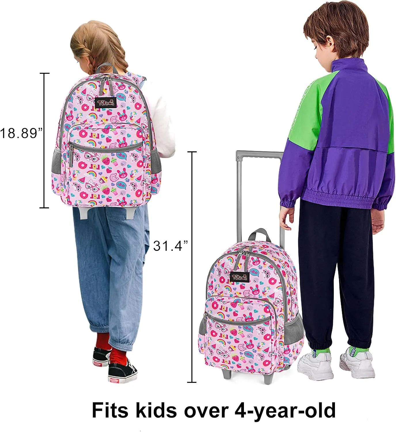 Tilami Rolling Backpack 18 inch Double Handle with Lunch Bag Wheeled Kids Backpack for Girls and Boys, Pink Cat