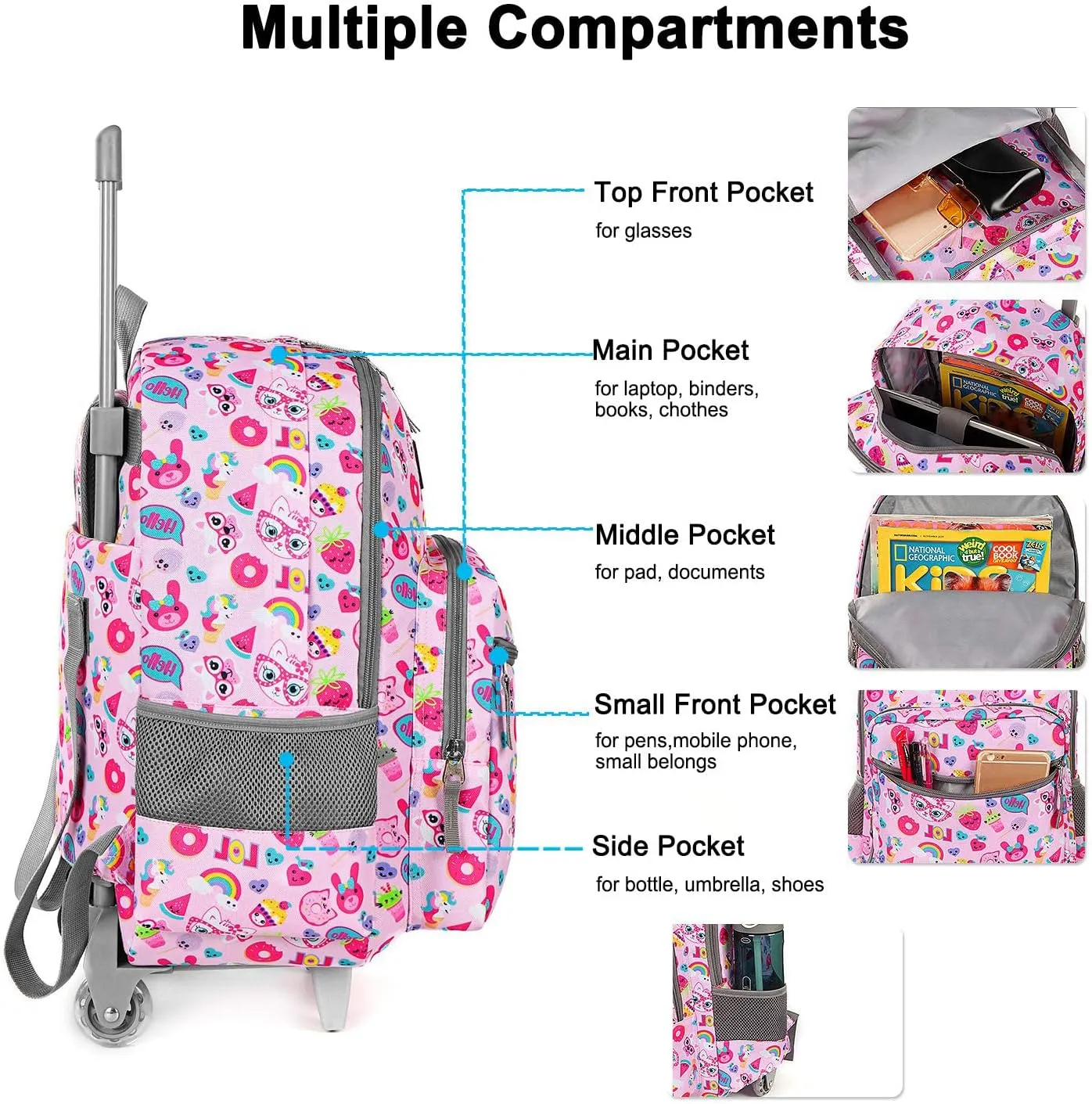 Tilami Rolling Backpack 18 inch Double Handle with Lunch Bag Wheeled Kids Backpack for Girls and Boys, Pink Cat