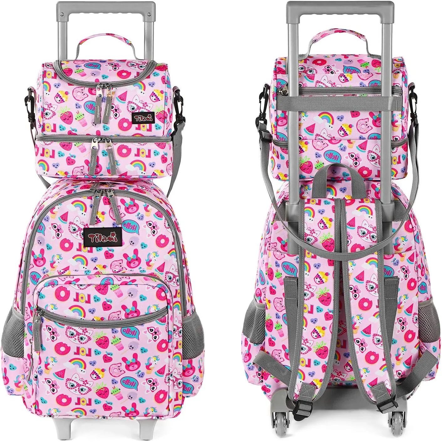 Tilami Rolling Backpack 18 inch Double Handle with Lunch Bag Wheeled Kids Backpack for Girls and Boys, Pink Cat