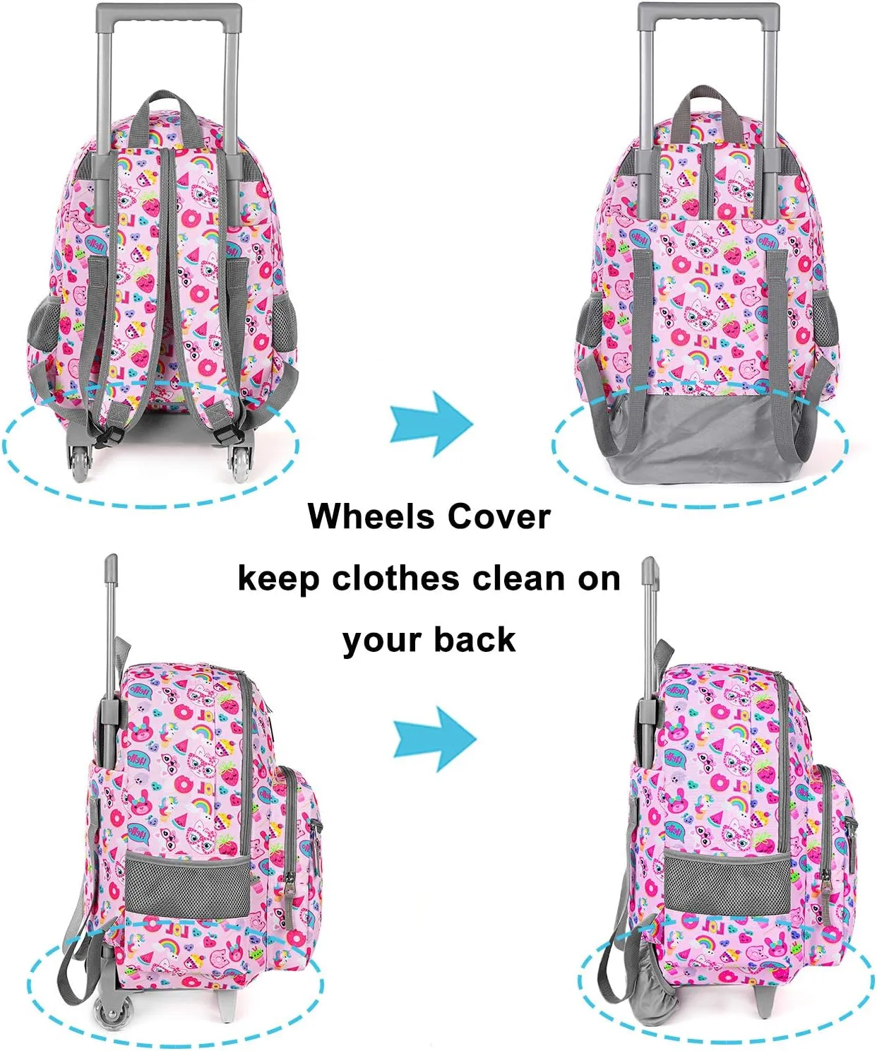 Tilami Rolling Backpack 18 inch Double Handle with Lunch Bag Wheeled Kids Backpack for Girls and Boys, Pink Cat