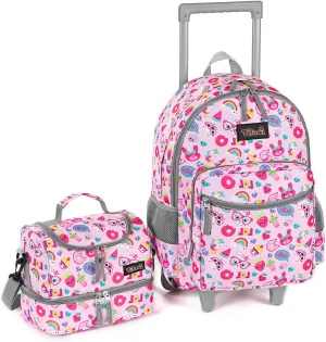 Tilami Rolling Backpack 18 inch Double Handle with Lunch Bag Wheeled Kids Backpack for Girls and Boys, Pink Cat